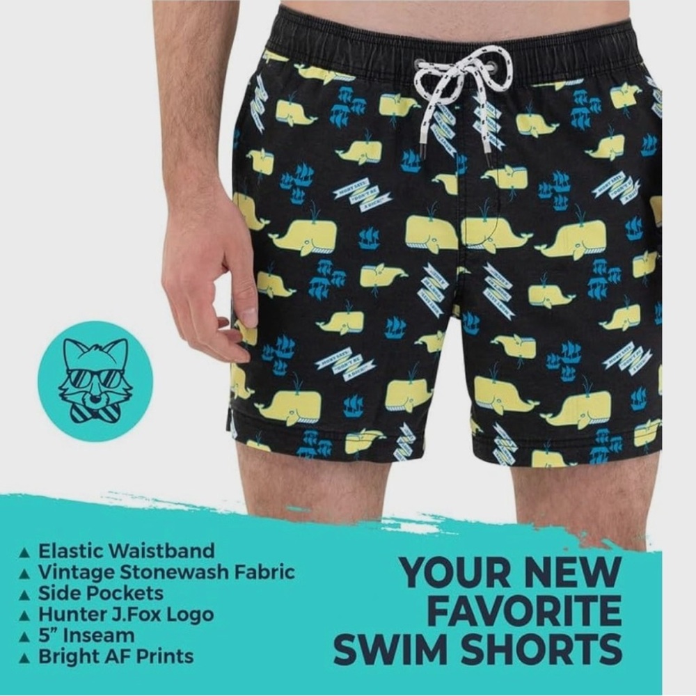 Hunter J.Fox Whale Print Swim Trunks - Black and Yellow